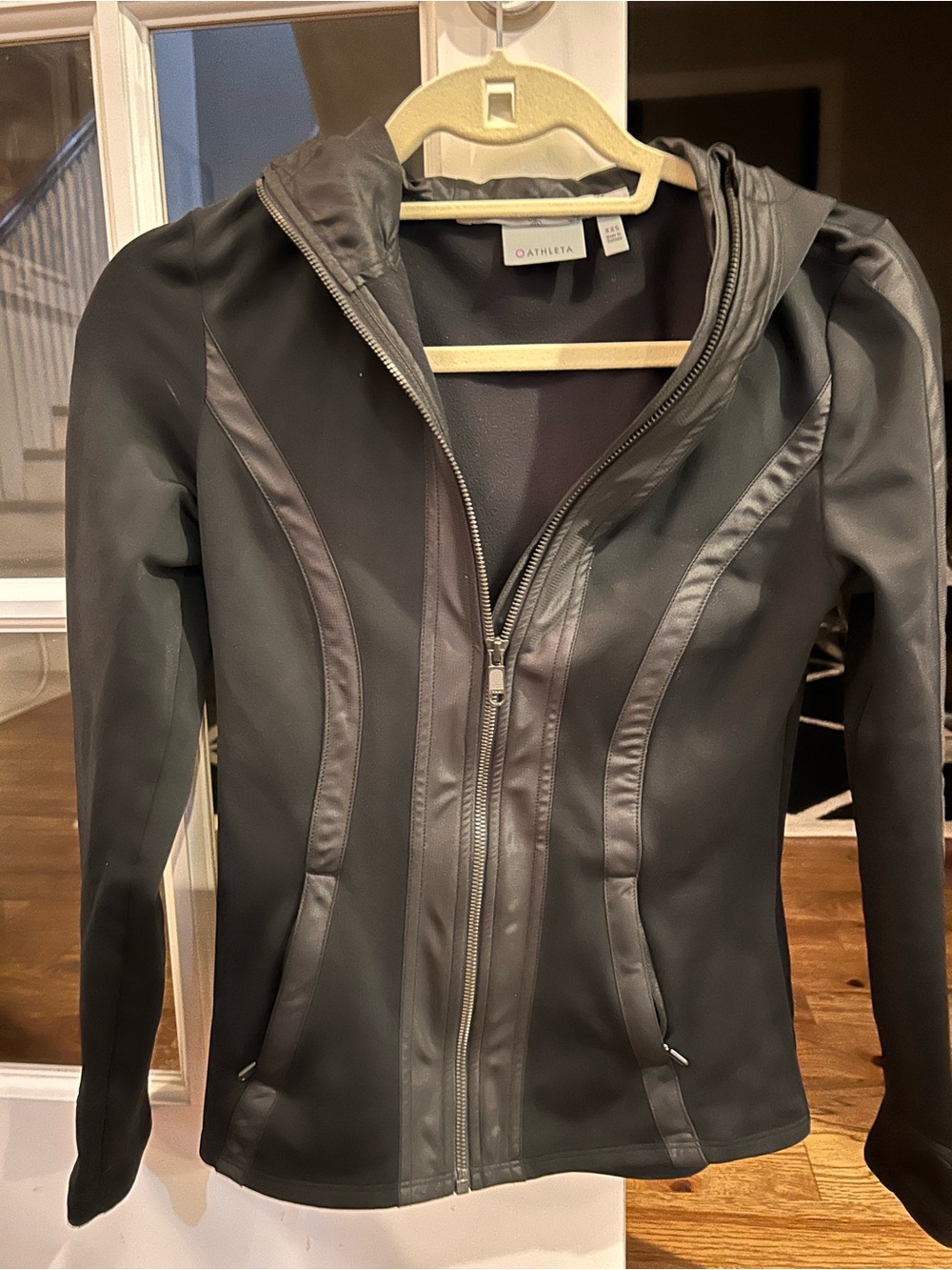 Athleta Black Hooded Zip Jacket with Panel Detailing